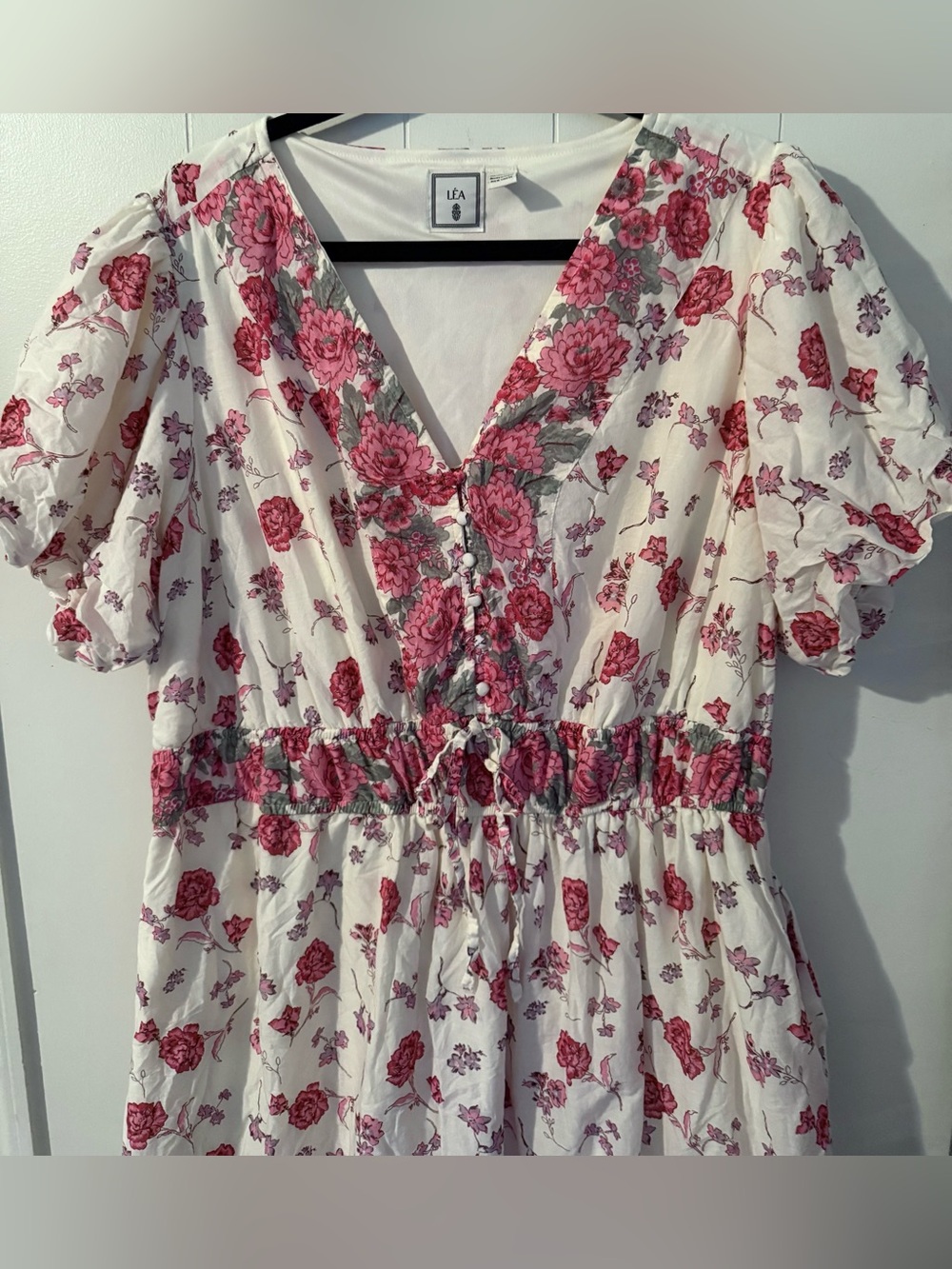 LEA Floral V-Neck Maxi Dress Cream Rose Boho Cottagecore 2X Flowy Cotton - Picture 3 of 10